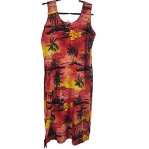 Rima Tropical Sunset Palm Tree Sailboat Midi Dress Red Orange Yellow M Womens